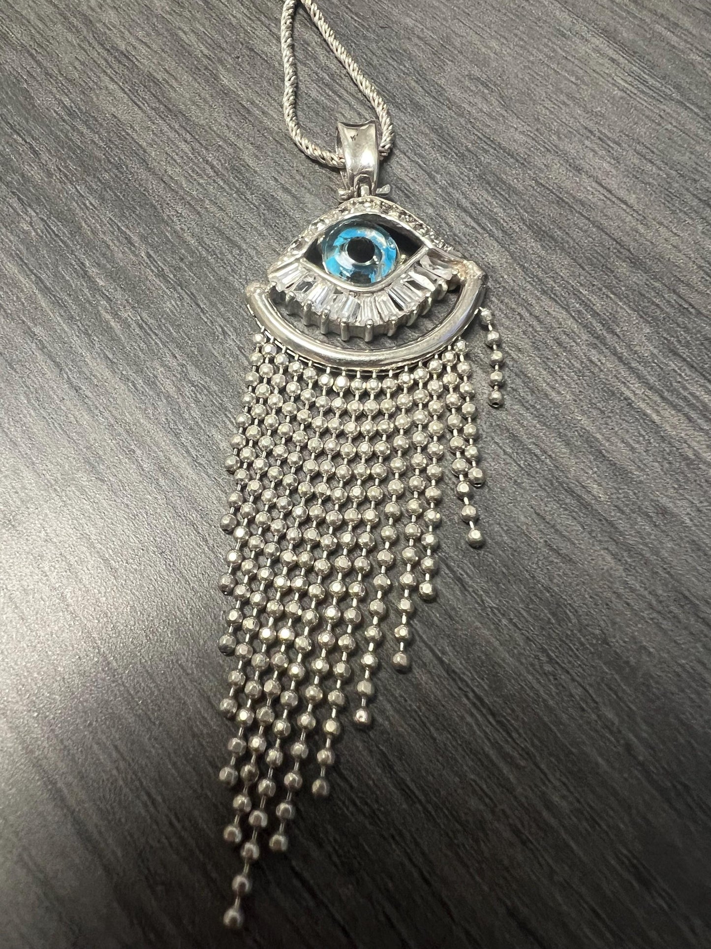 950 Sterling Silver Evil Eye Necklace: Italian Jewelry. Silver Blue Evil Eye Crystal CZ Drop Pendant Necklace Lucky Protection Charm-w/chain
