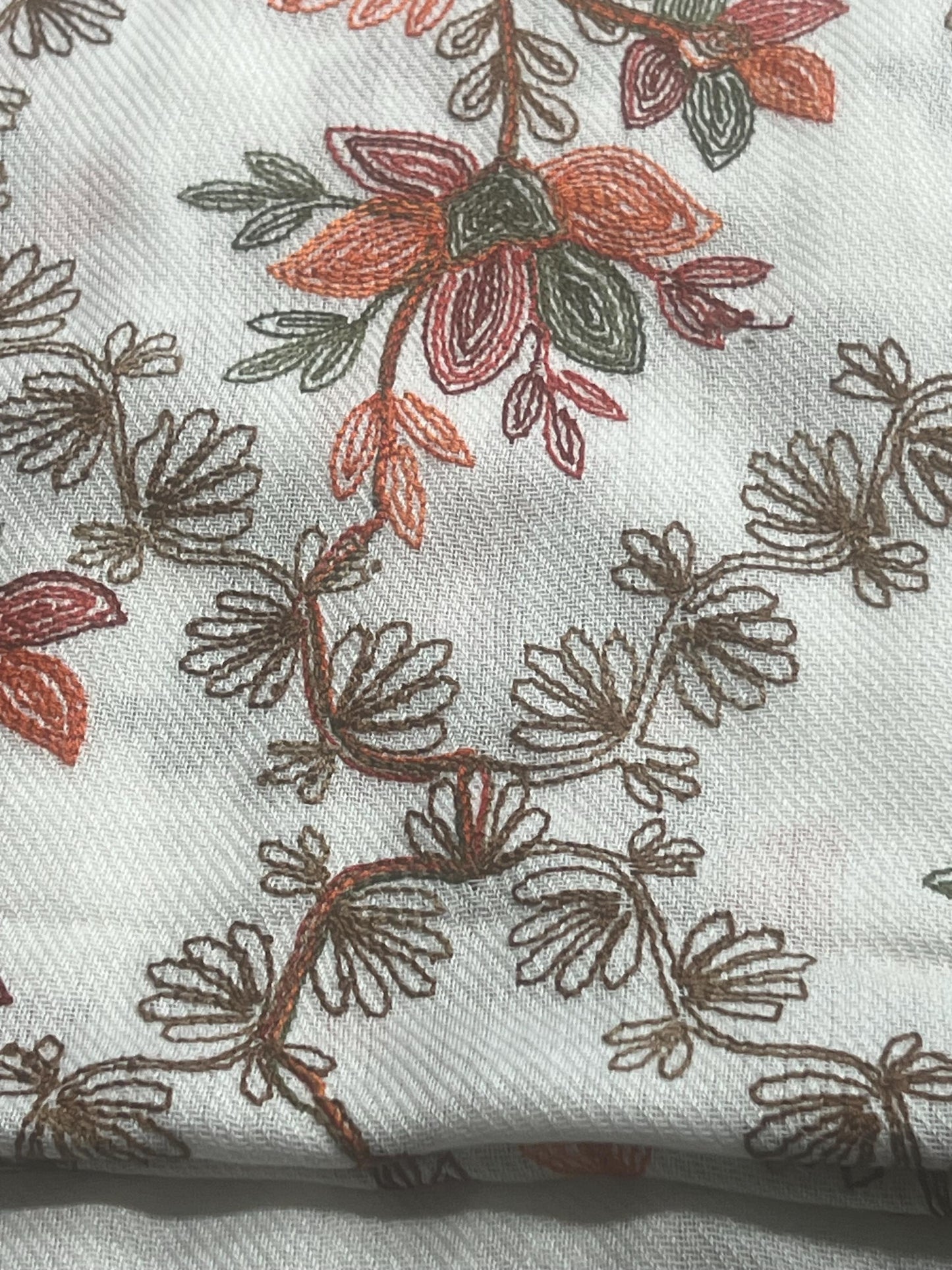 Cashmere Pashmina Shawl: Long White & Orange Leaf Pattern
