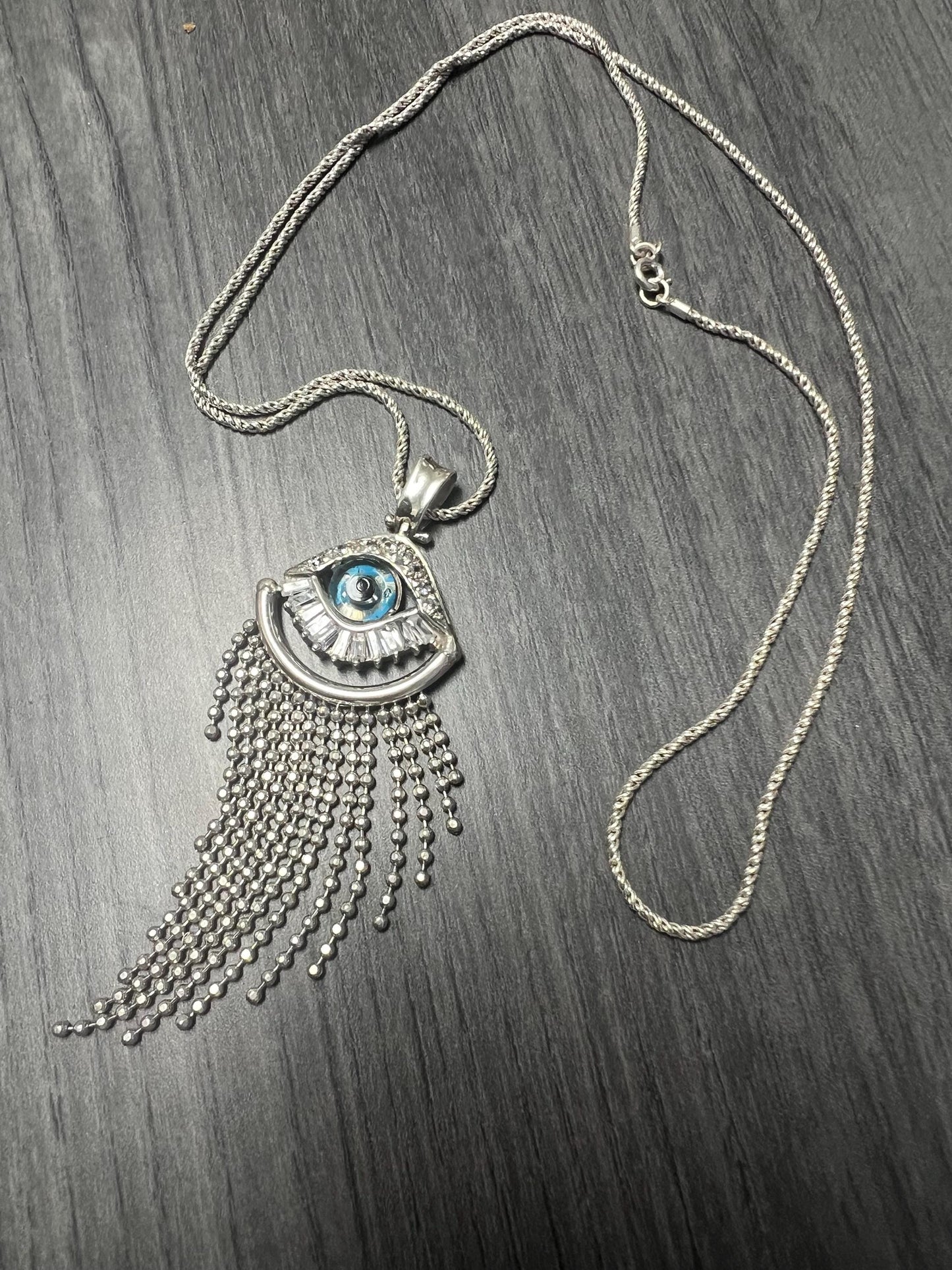 950 Sterling Silver Evil Eye Necklace: Italian Jewelry. Silver Blue Evil Eye Crystal CZ Drop Pendant Necklace Lucky Protection Charm-w/chain
