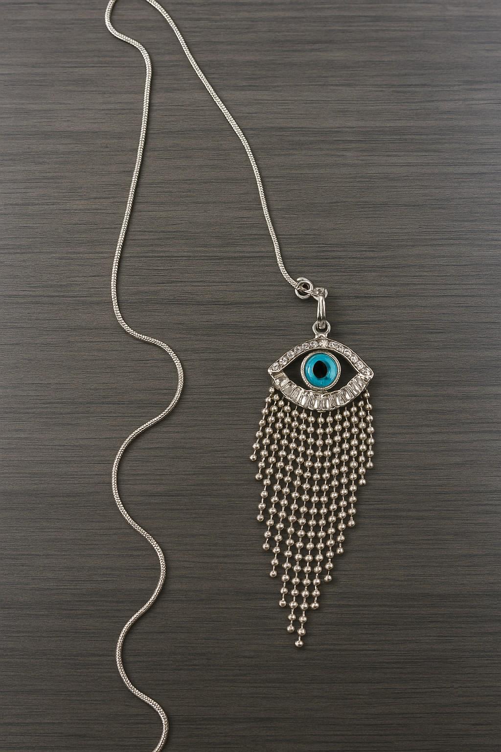 950 Sterling Silver Evil Eye Necklace: Italian Jewelry. Silver Blue Evil Eye Crystal CZ Drop Pendant Necklace Lucky Protection Charm-w/chain