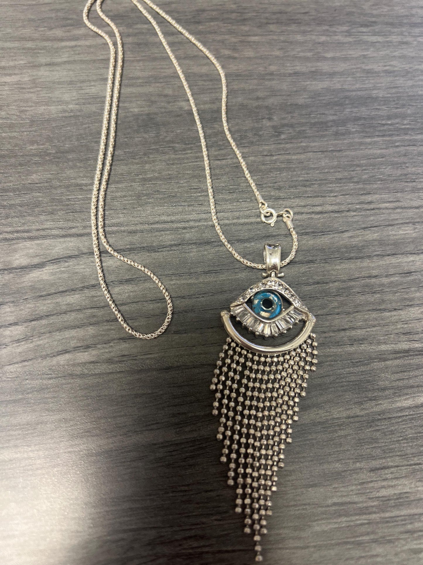 950 Sterling Silver Evil Eye Necklace: Italian Jewelry. Silver Blue Evil Eye Crystal CZ Drop Pendant Necklace Lucky Protection Charm-w/chain