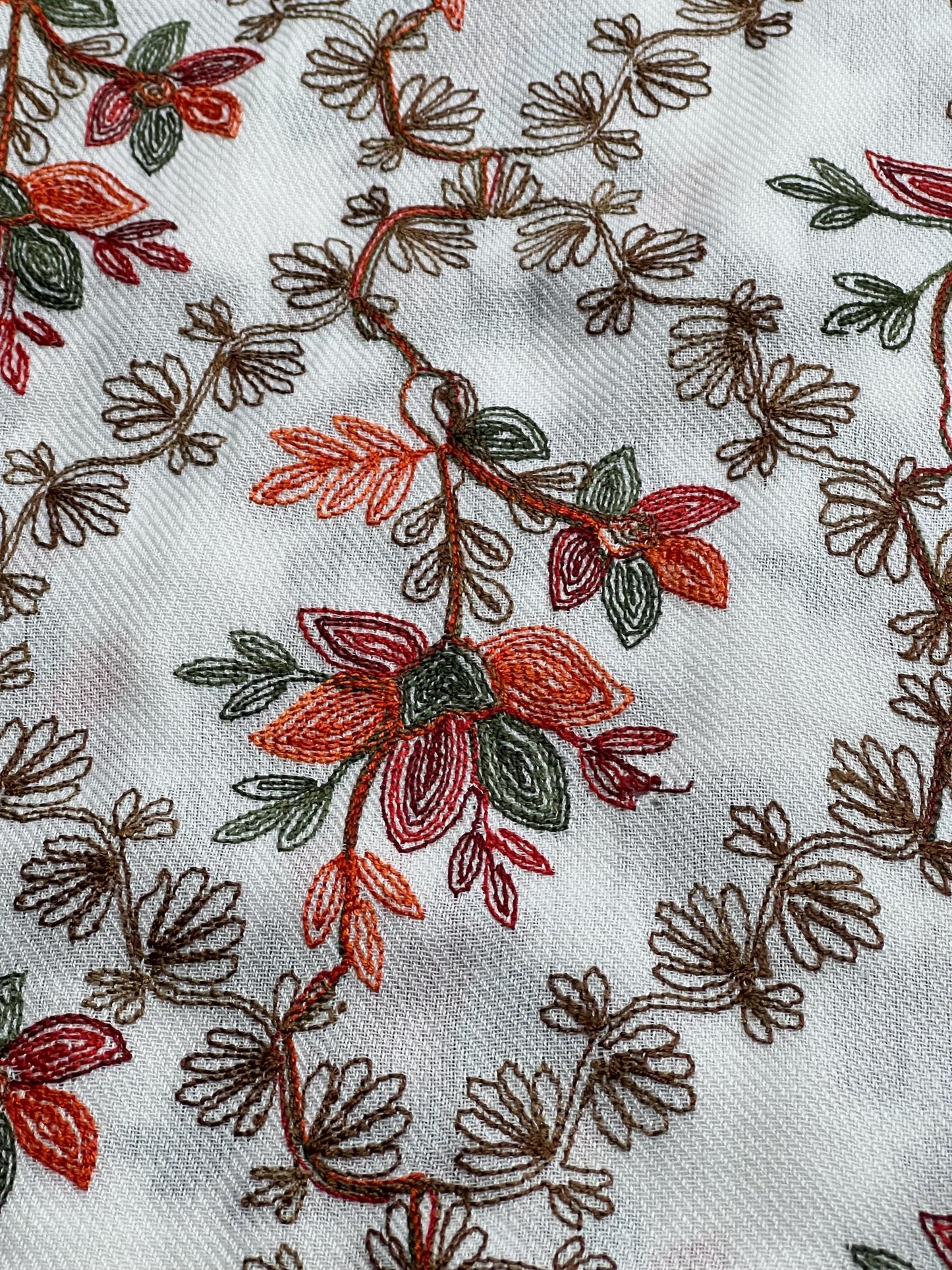Cashmere Pashmina Shawl: Long White & Orange Leaf Pattern