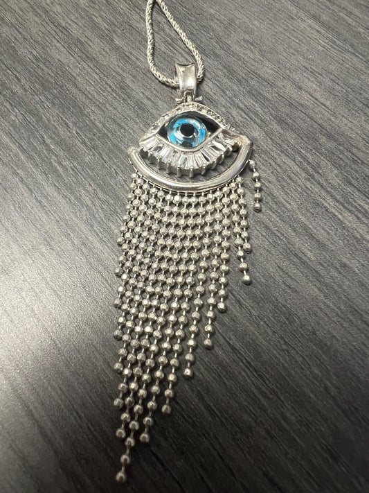 950 Sterling Silver Evil Eye Necklace: Italian Jewelry. Silver Blue Evil Eye Crystal CZ Drop Pendant Necklace Lucky Protection Charm-w/chain