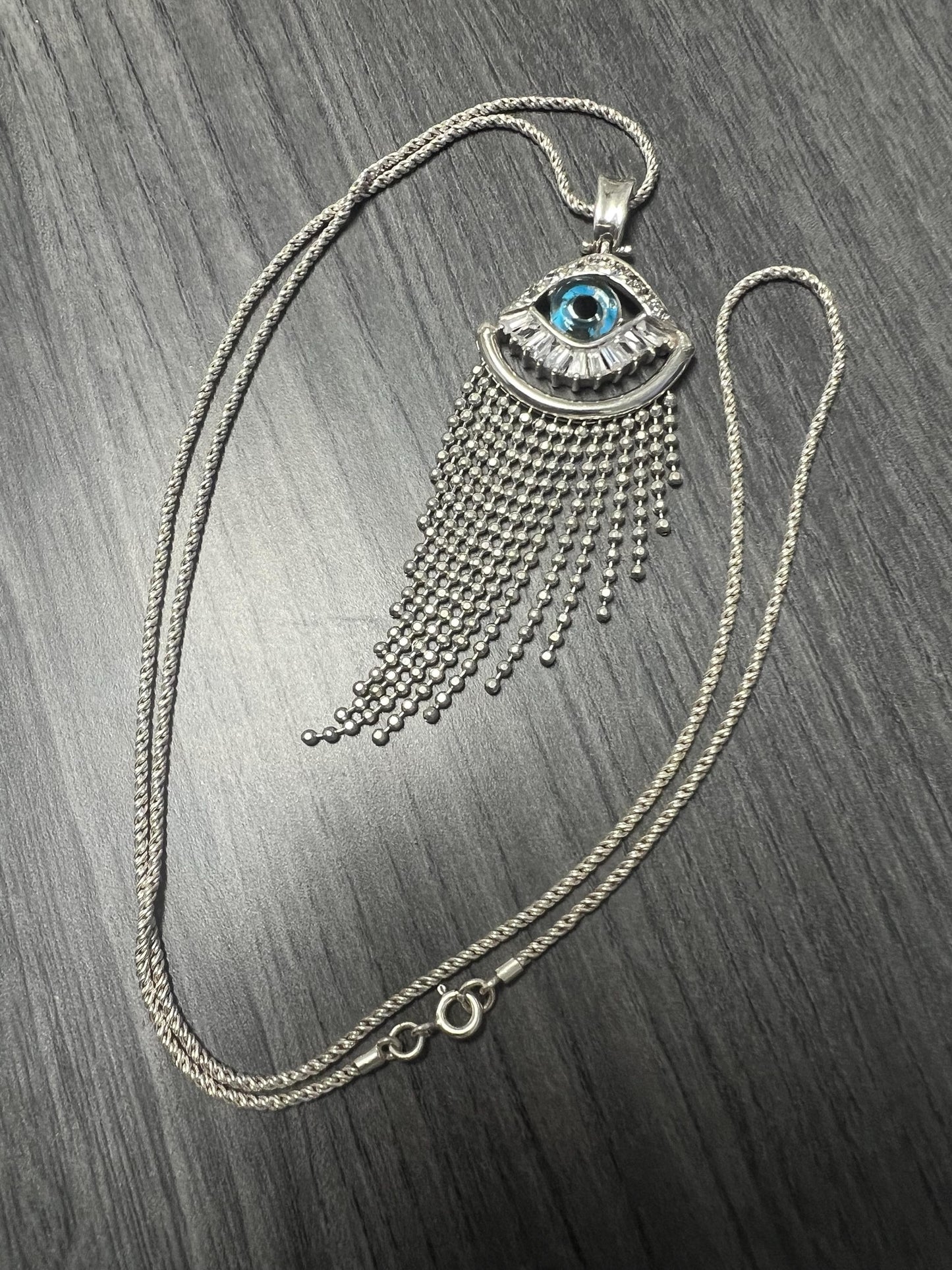 950 Sterling Silver Evil Eye Necklace: Italian Jewelry. Silver Blue Evil Eye Crystal CZ Drop Pendant Necklace Lucky Protection Charm-w/chain