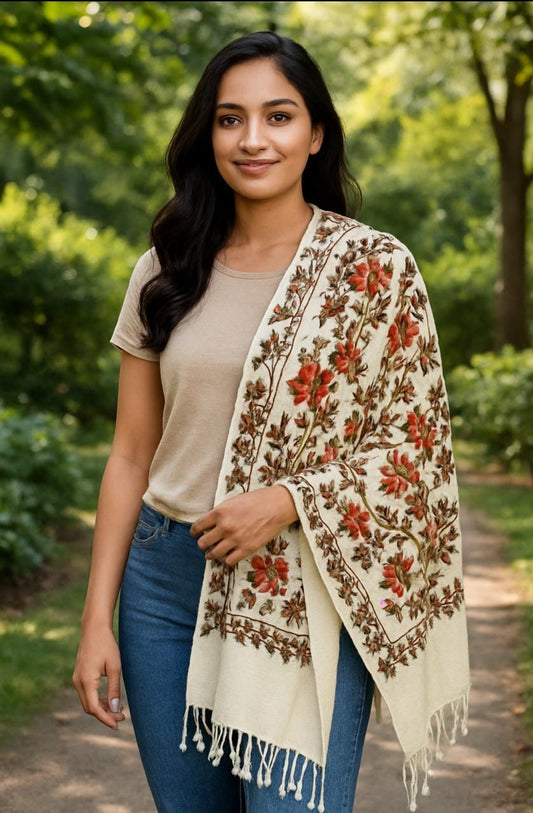 Cashmere Pashmina Shawl: Long White & Orange Leaf Pattern