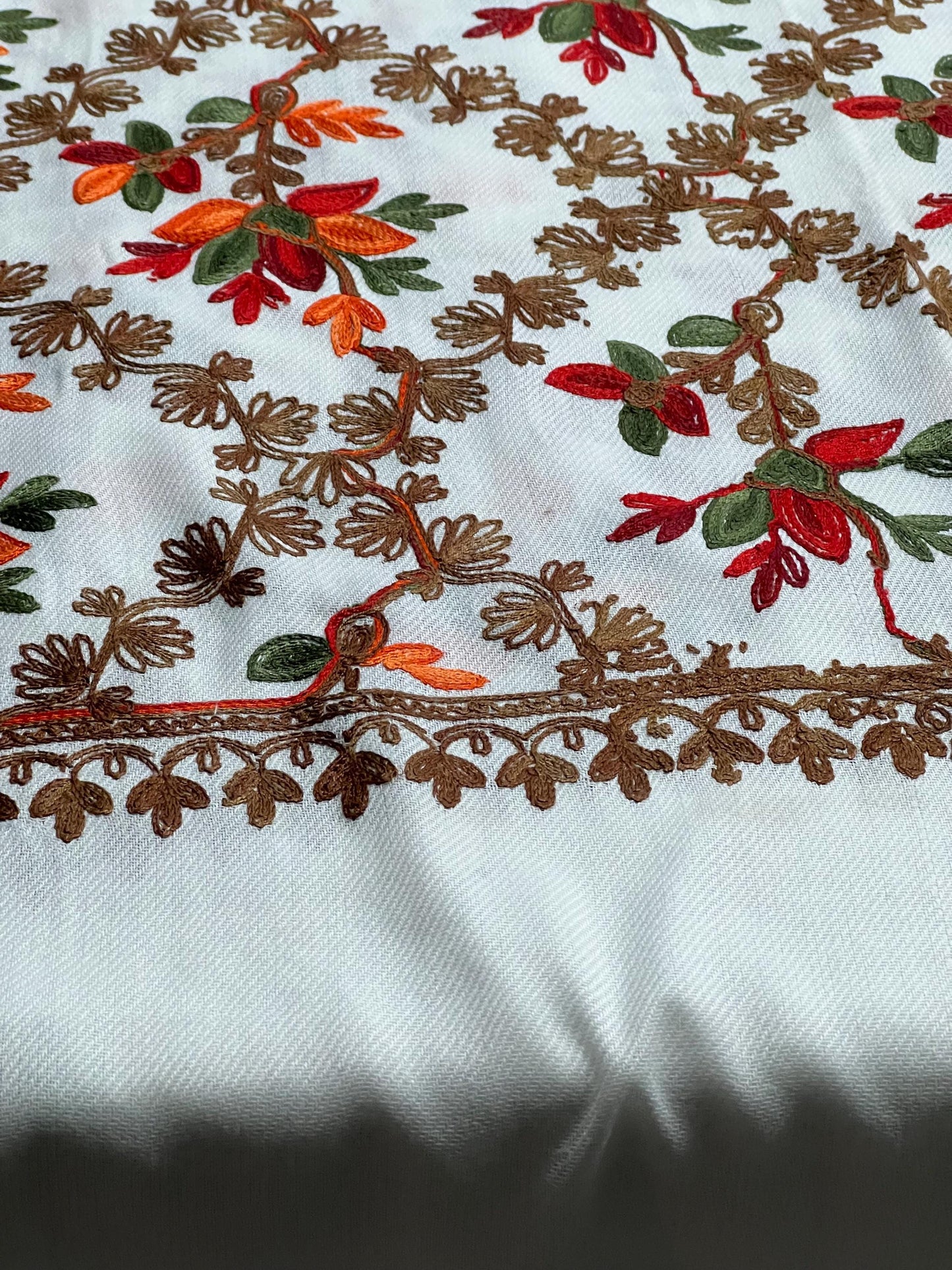 Cashmere Pashmina Shawl: Long White & Orange Leaf Pattern